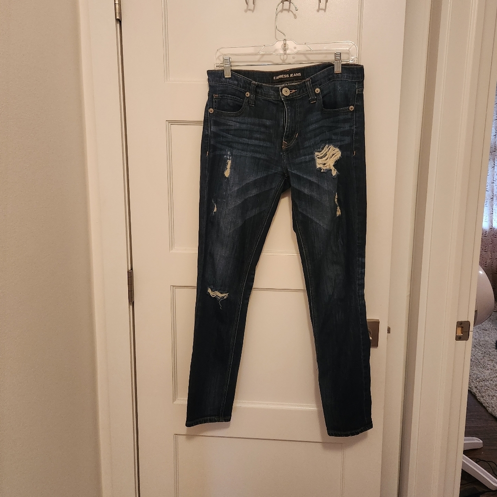 Express dark wash girlfriend distressed jeans